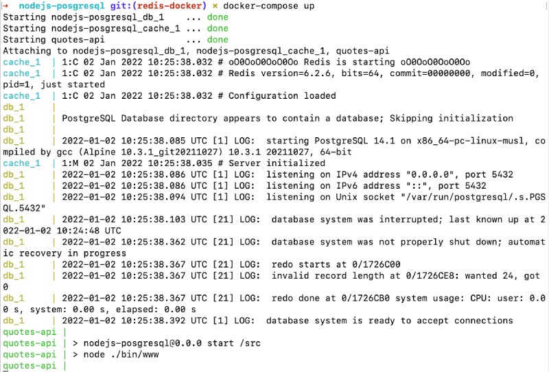 Exécutez Redis avec docker-compose incluant Node.js et Postgres - sortie