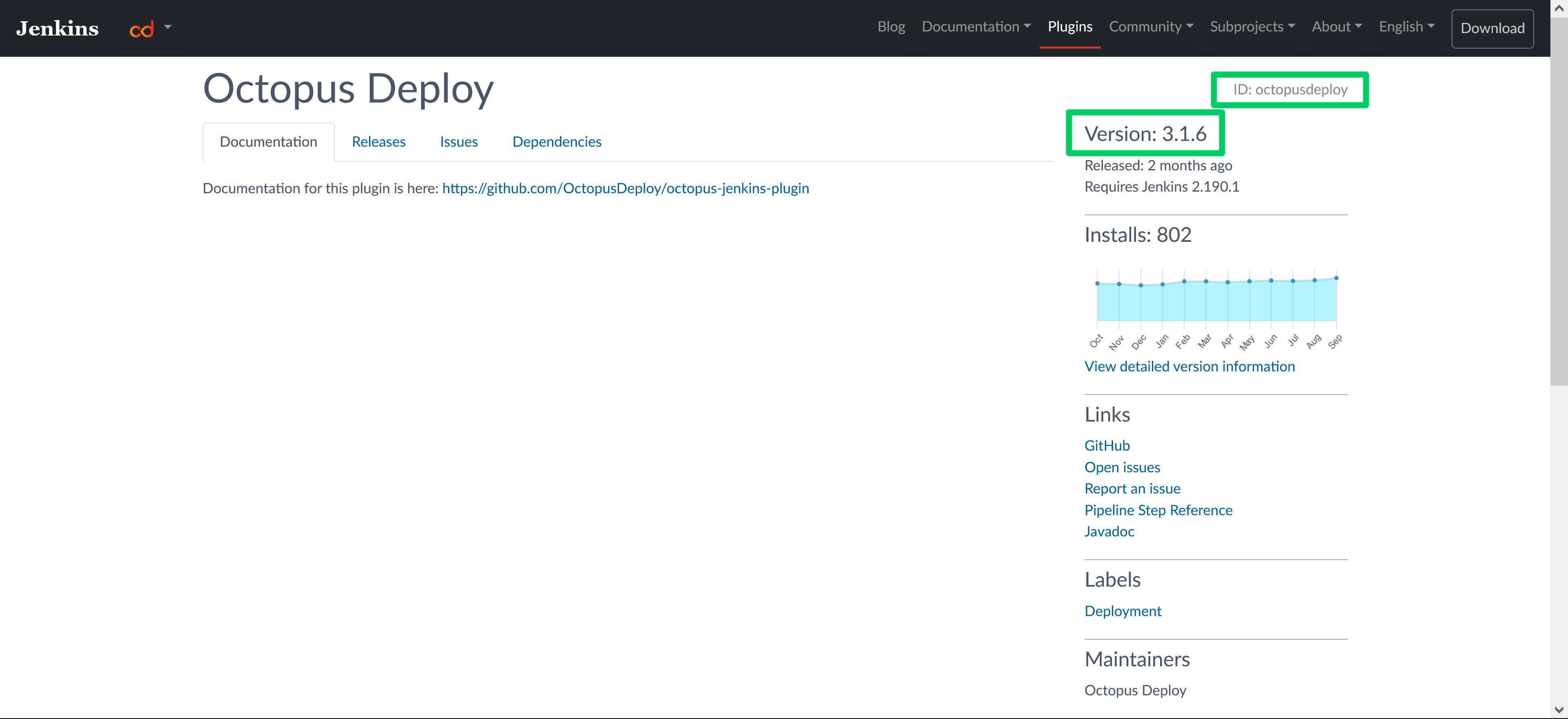 Site Web du plugin Jenkins avec l'ID octopus deploy et la version 3.1.6 en surbrillance